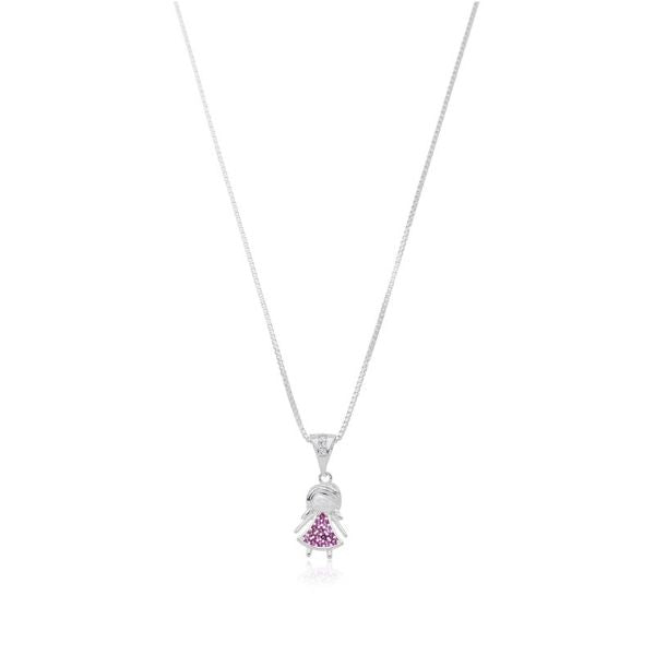 Colar De Prata Feminino Menina Cravejado Rosa